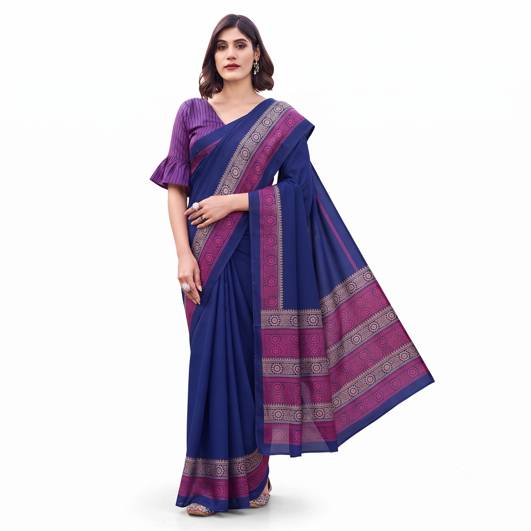 Navy Blue & Maroon Woven Cotton Silk Saree with Traditional Floral Motifs