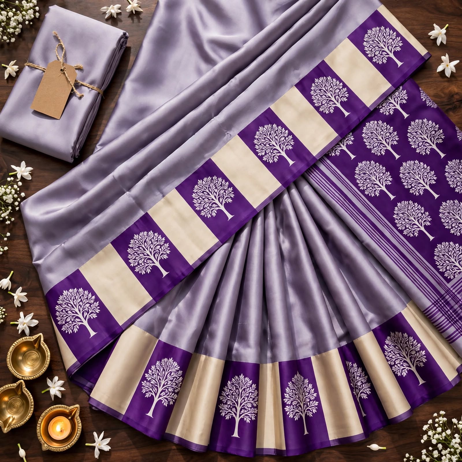 Purple and Maroon Cotton Silk Saree with Contemporary Tree Motif Border