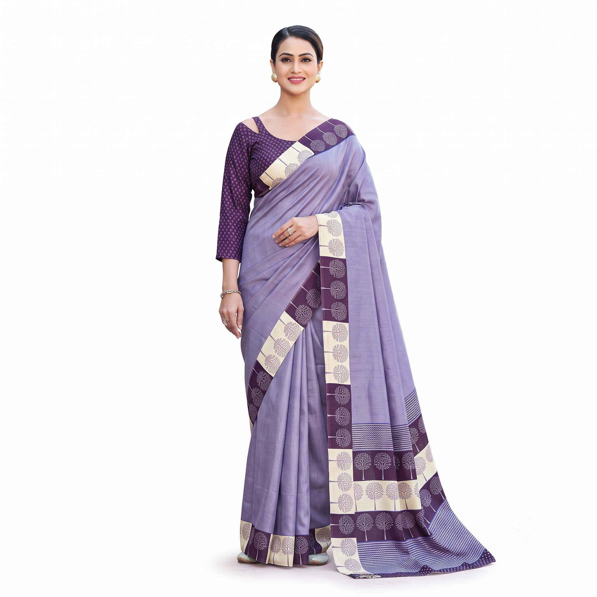 Purple and Maroon Cotton Silk Saree with Contemporary Tree Motif Border