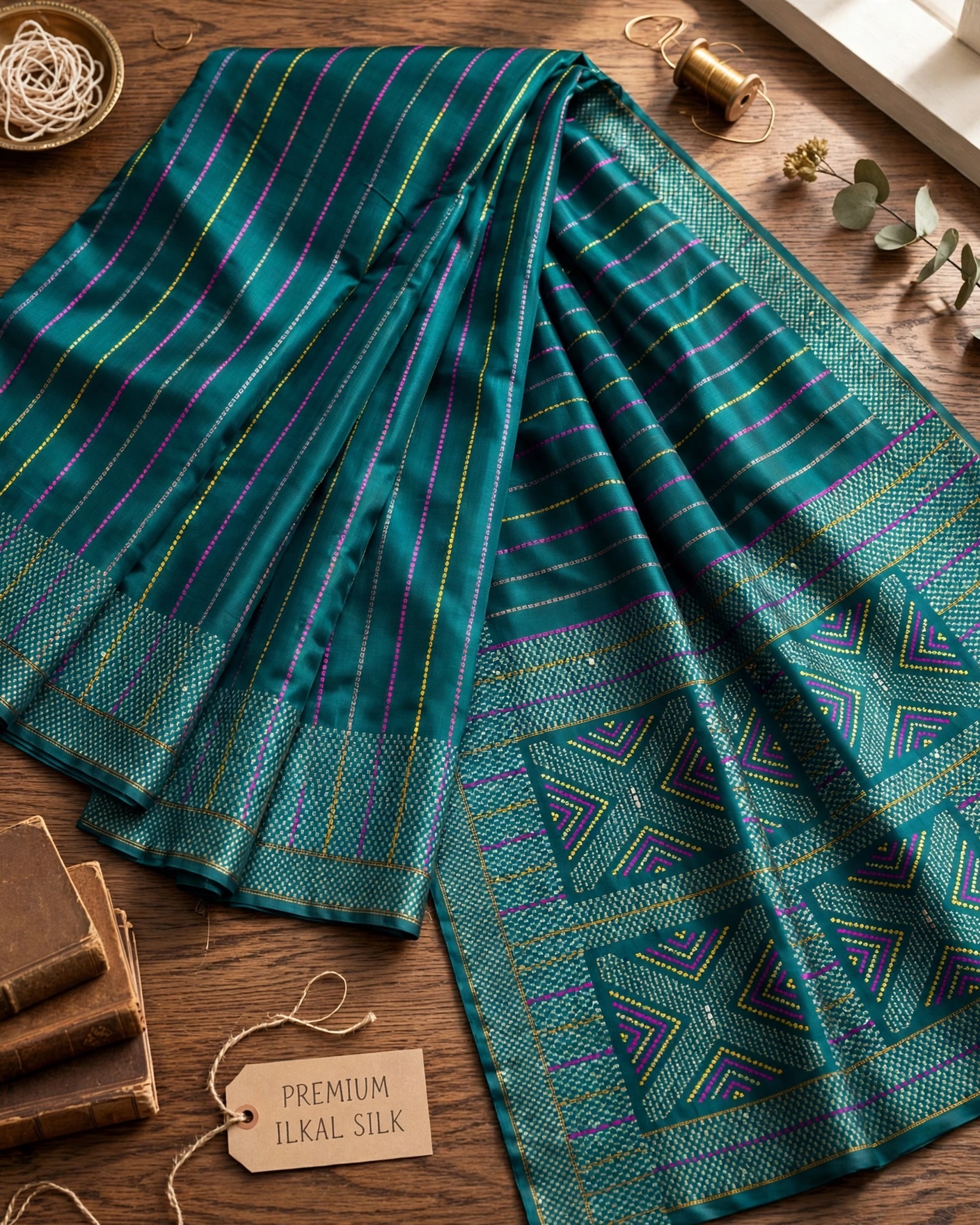 Teal Green Tussar Silk Saree with Geometric Pallu and Zari Border