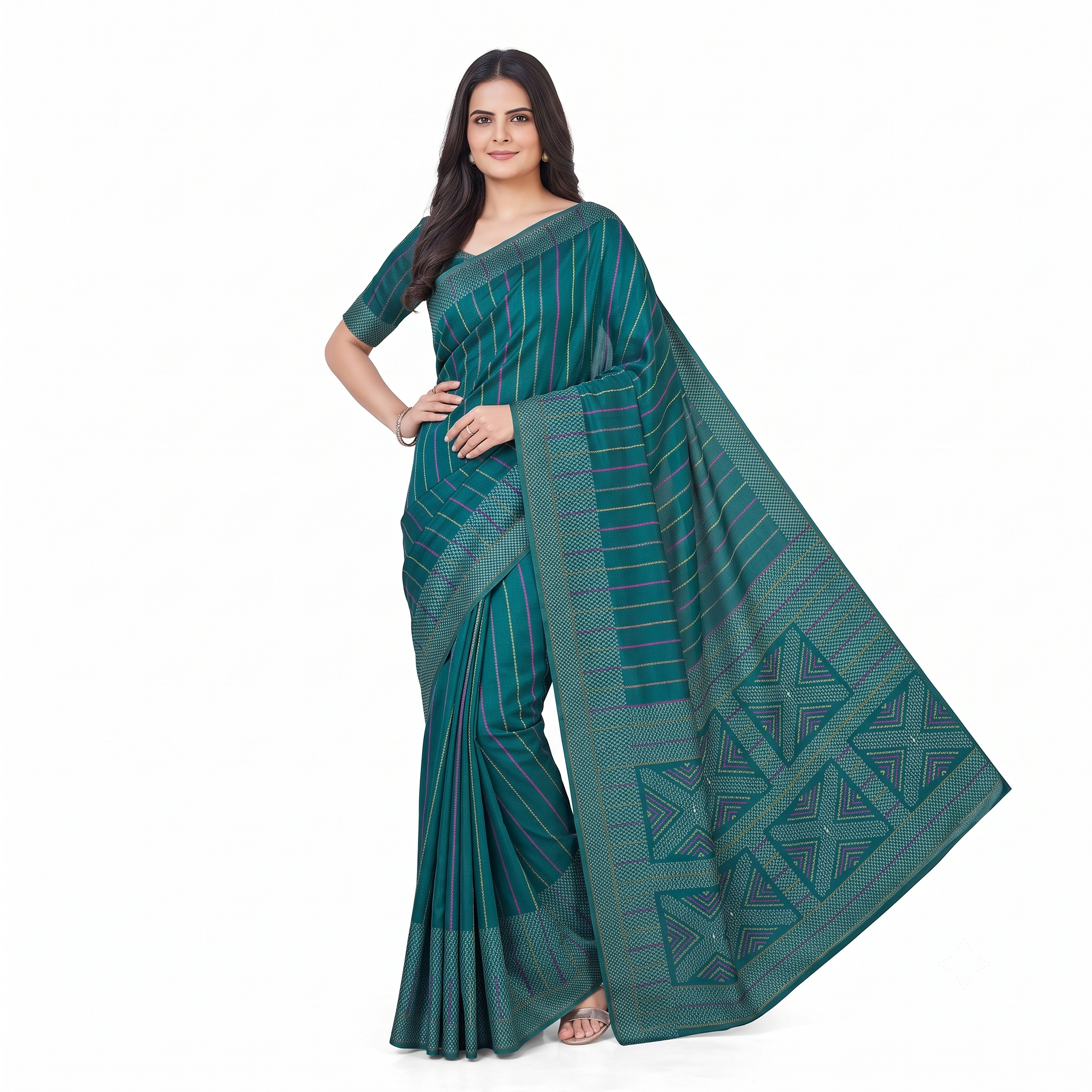 Teal Green Tussar Silk Saree with Geometric Pallu and Zari Border