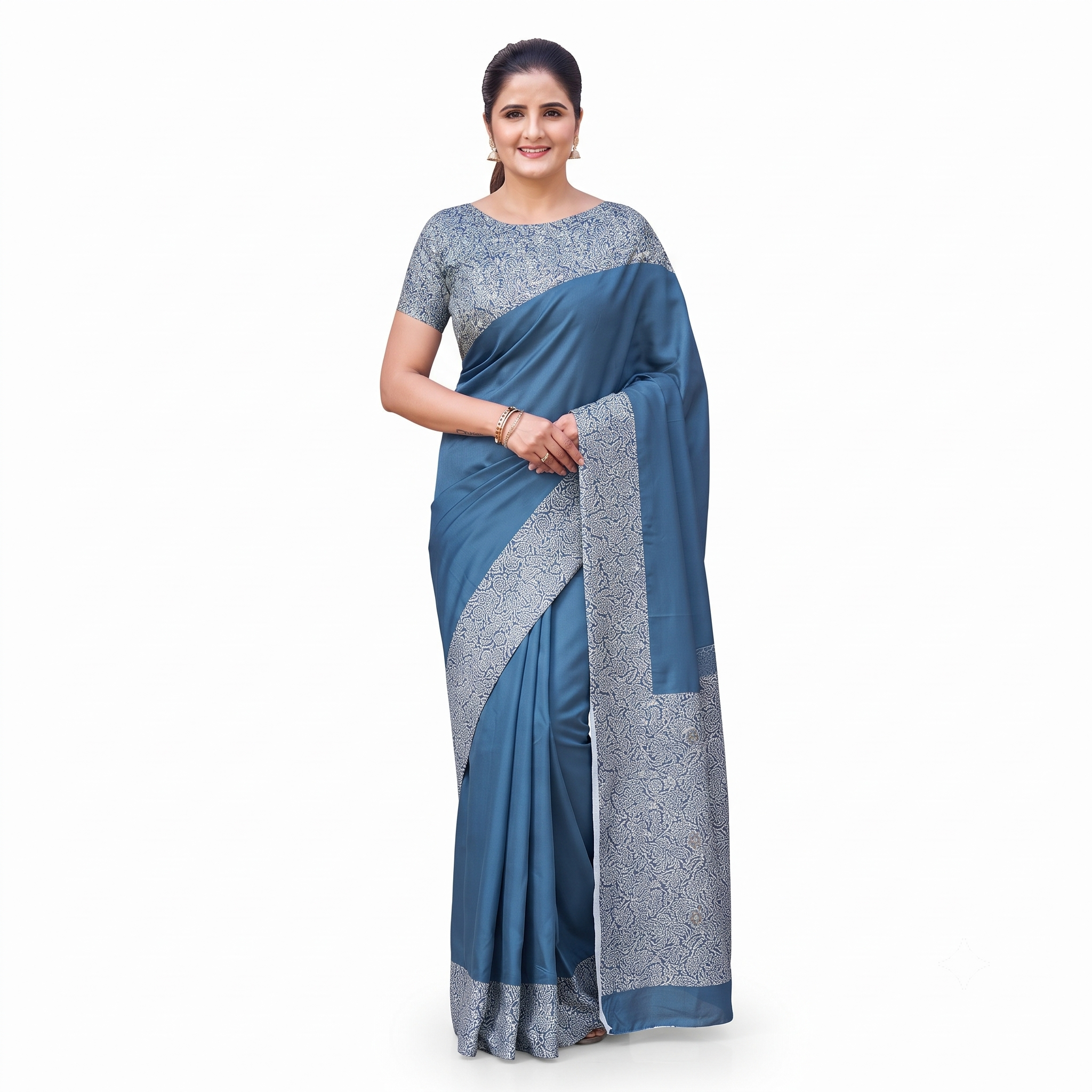 Teal Blue Silk Saree with Intricate Grey Zari Border and Pallu