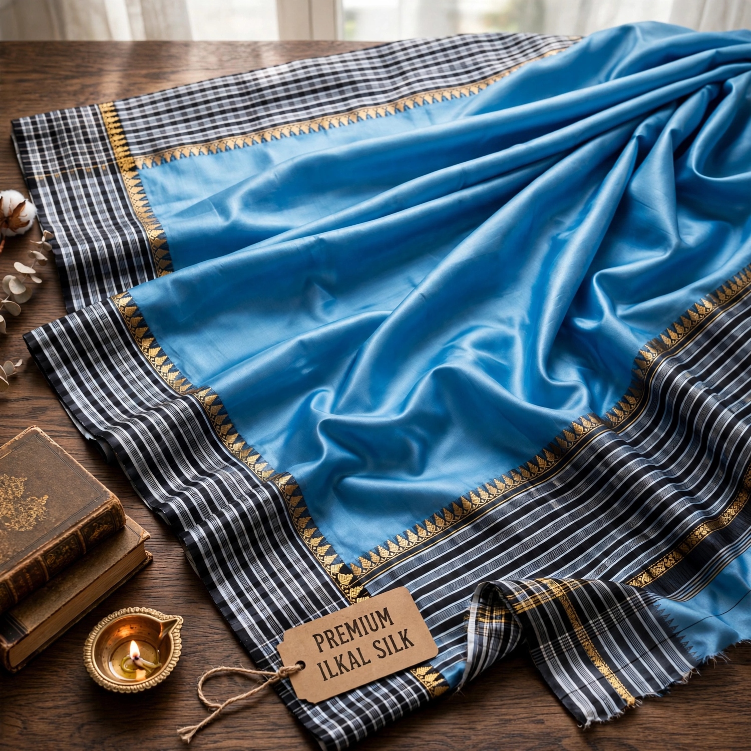 Light Blue Silk Saree with Grey Checkered Border and Pallu