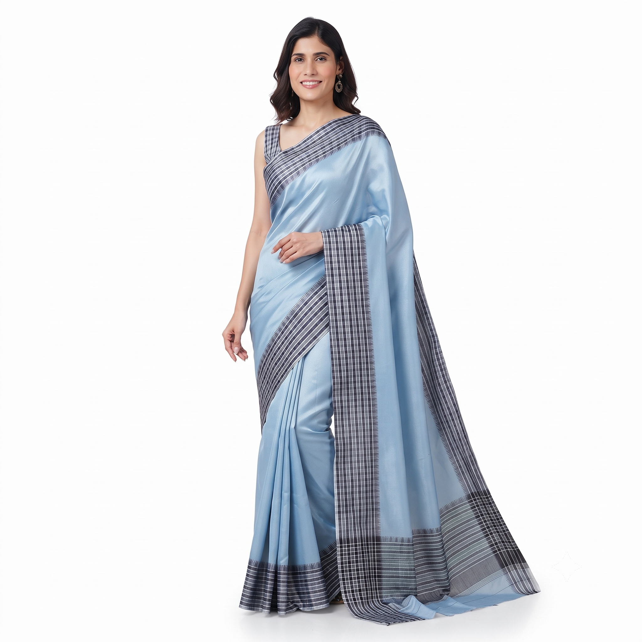 Light Blue Silk Saree with Grey Checkered Border and Pallu
