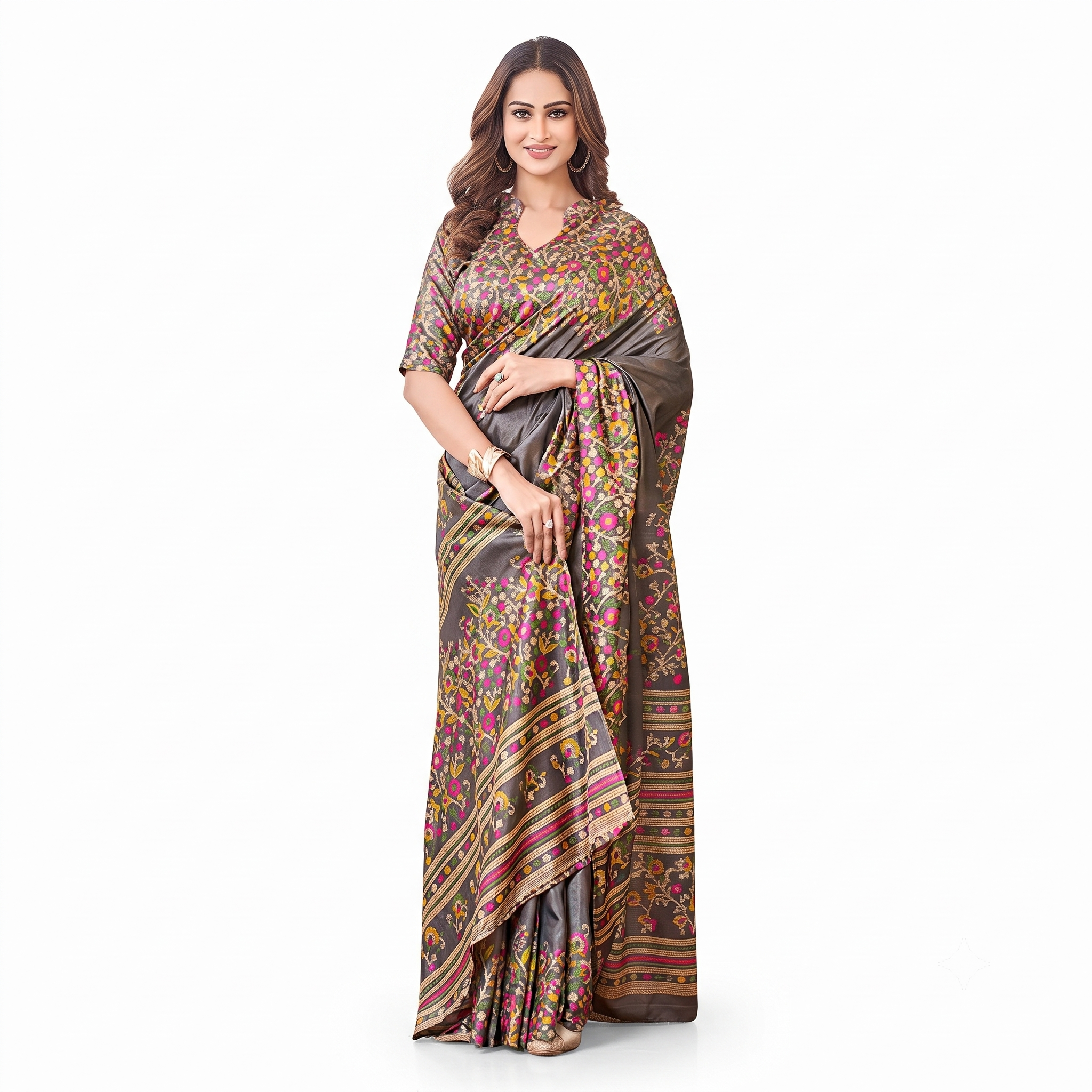 Elegant Brown Floral Print Silk Saree with Golden Zari Border