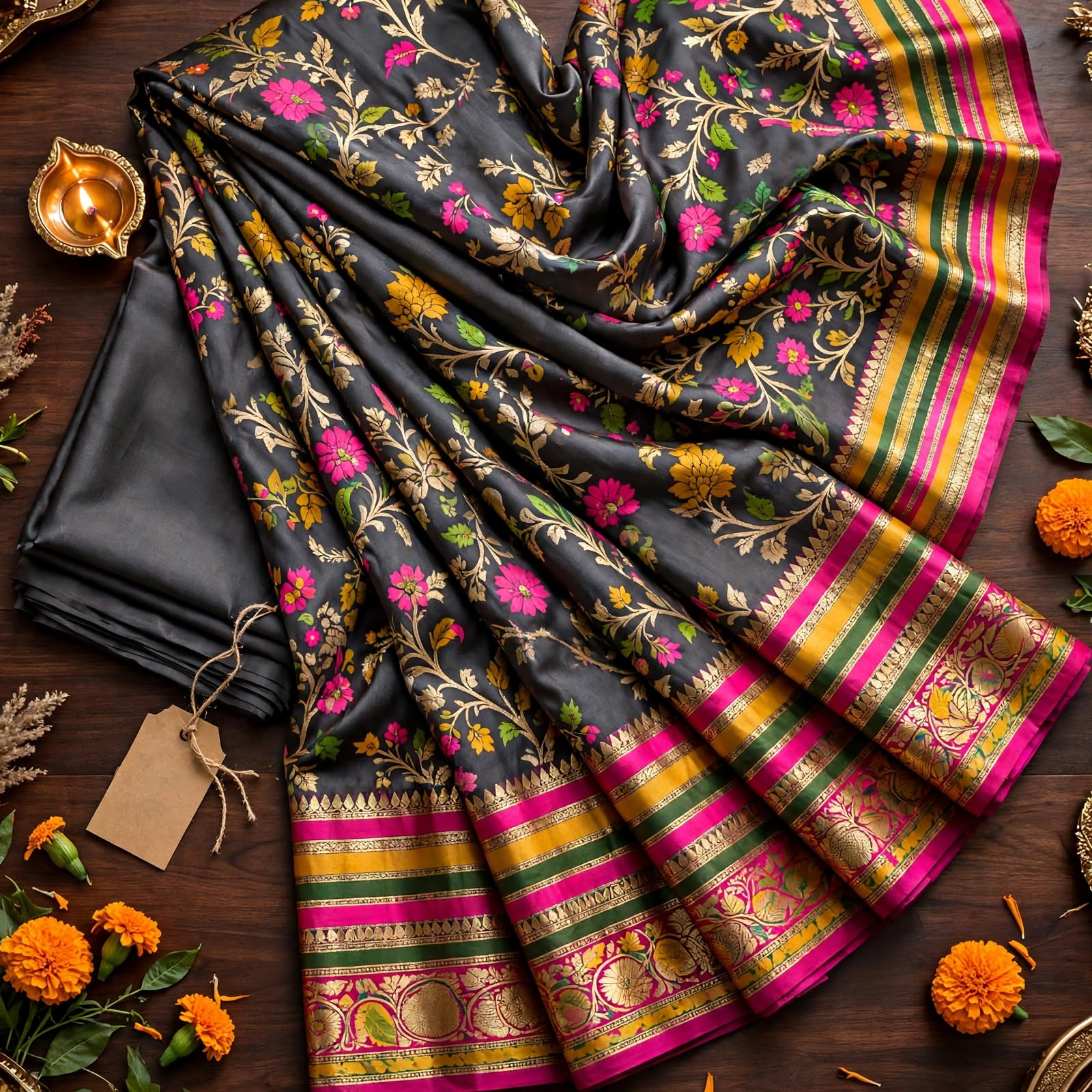 Elegant Brown Floral Print Silk Saree with Golden Zari Border