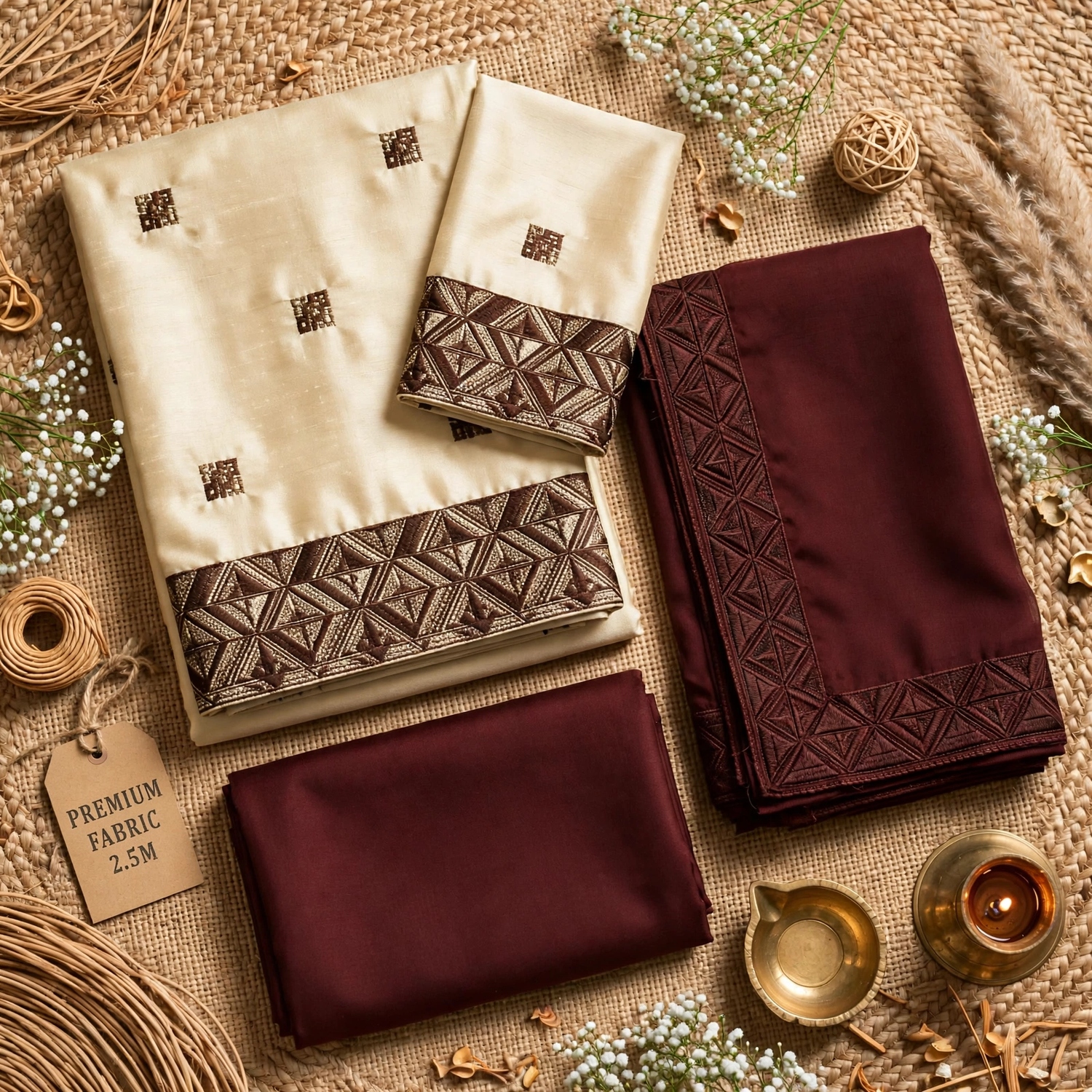 Unstitched Cotton Linen Salwar Kameez Set with Brown Block Print Border and Dupatta- Dress Material
