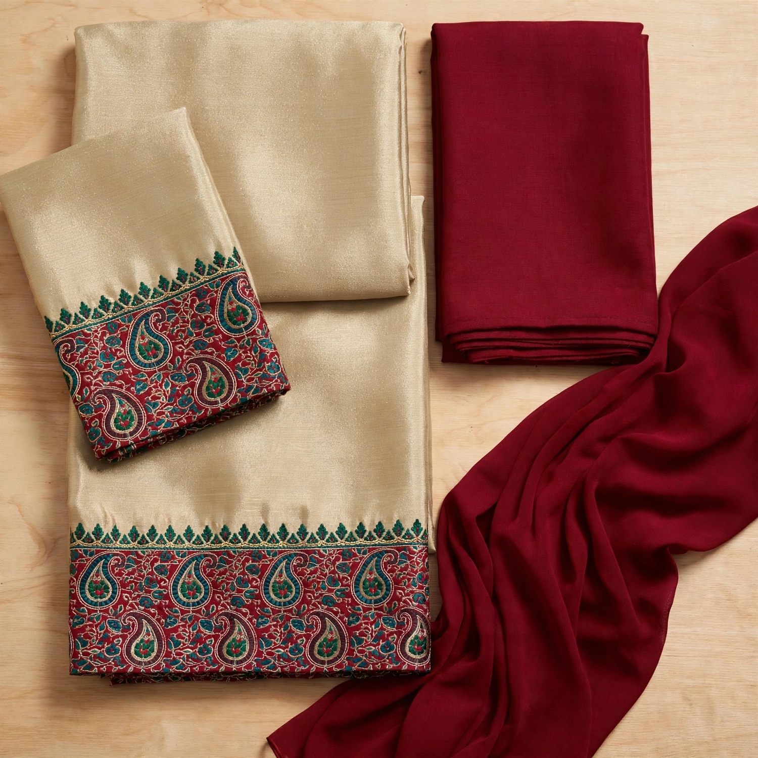 Unstitched Beige Silk Salwar Kameez Suit with Maroon Dupatta & Red Paisley Border-Dress Material