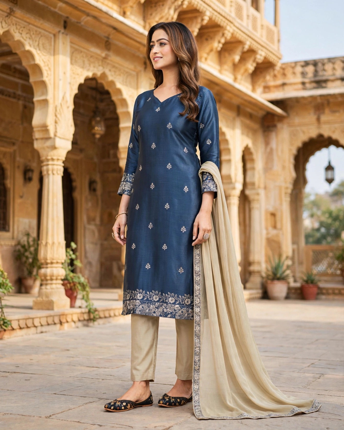 Navy Blue Cotton Unstitched Salwar Kameez Suit with Floral Embroidery and Beige Dupatta--Dress Material