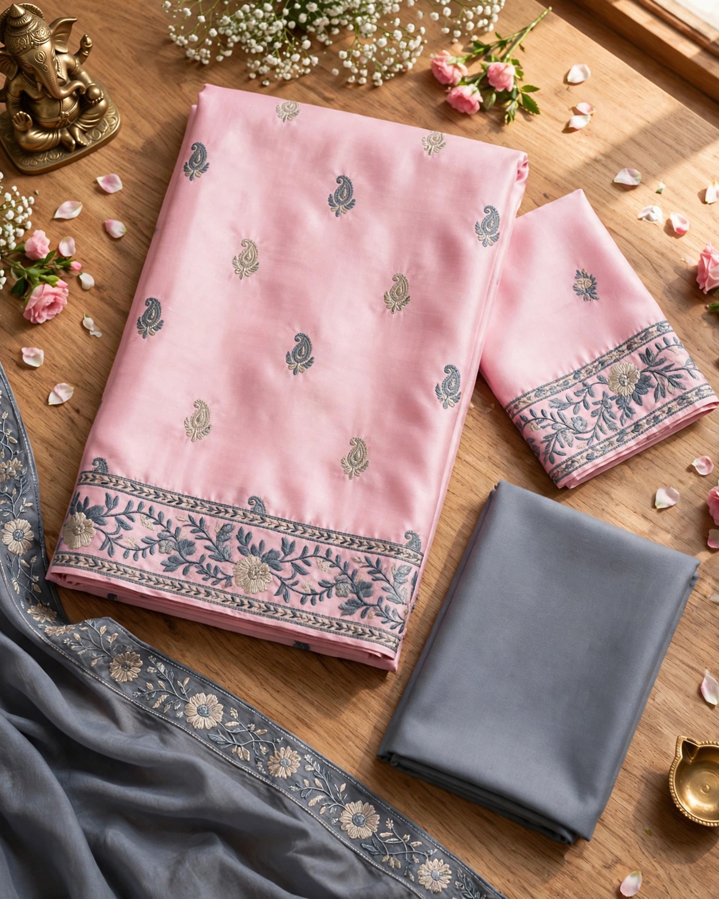 Pink & Grey Cotton Silk Unstitched Salwar Kameez Suit with Floral Print & Embroidered Dupatta- Dress Material
