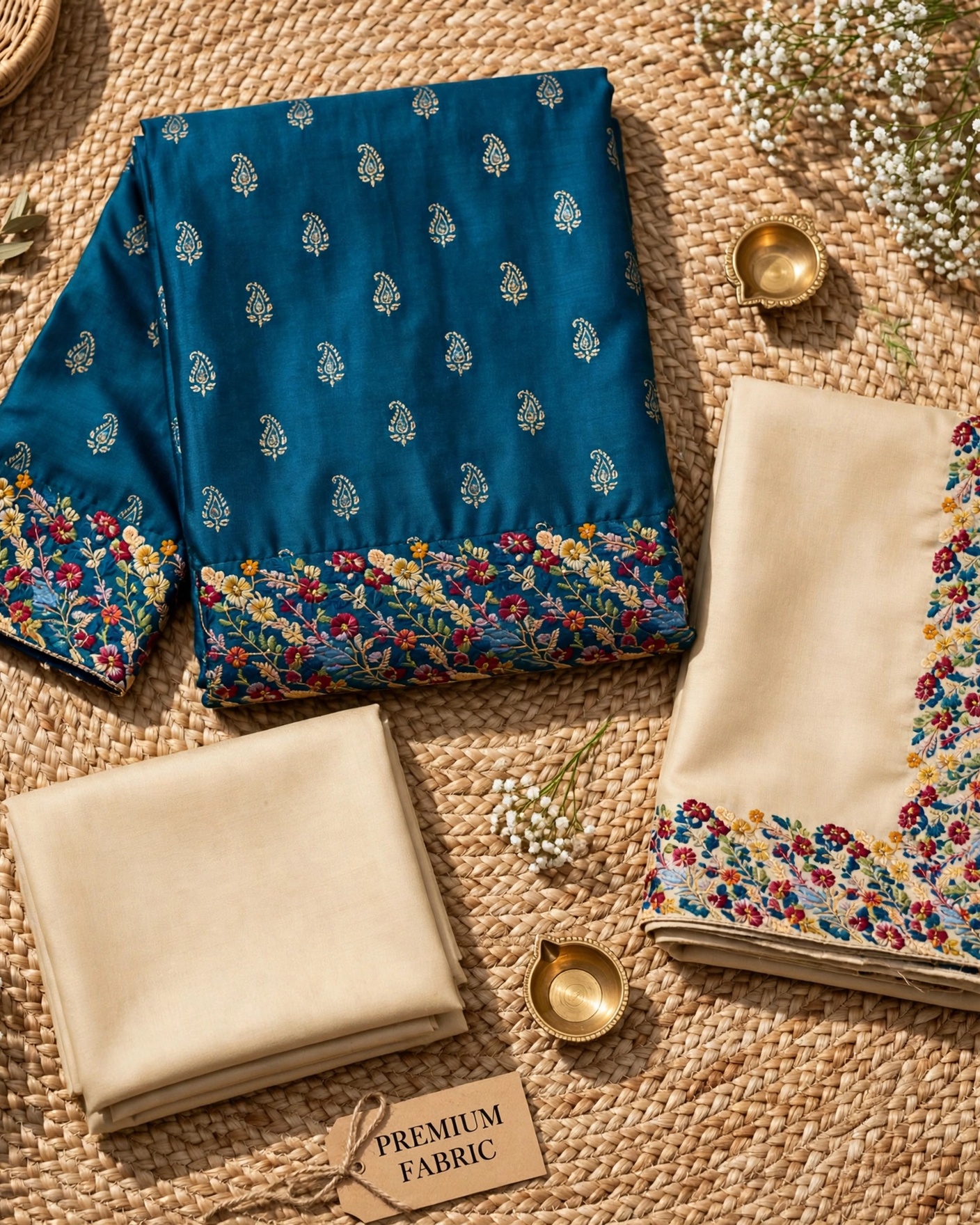 Blue Cotton Printed Unstitched Salwar Kameez Suit with Floral Dupatta- Dress Material