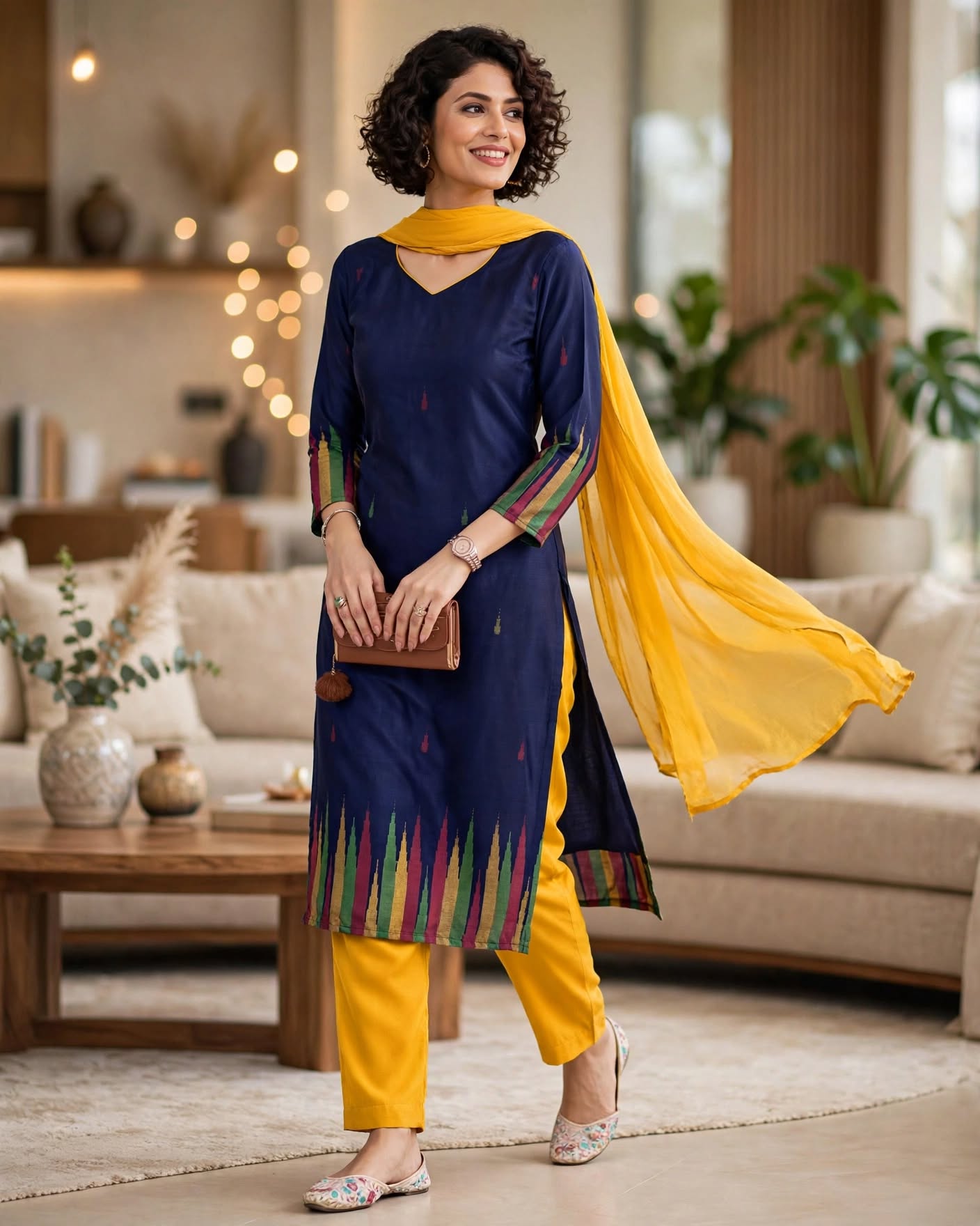 Navy Blue Rayon Kurti with Mustard Yellow Salwar & Dupatta - Unstitched Printed Suit Set-Dress Material