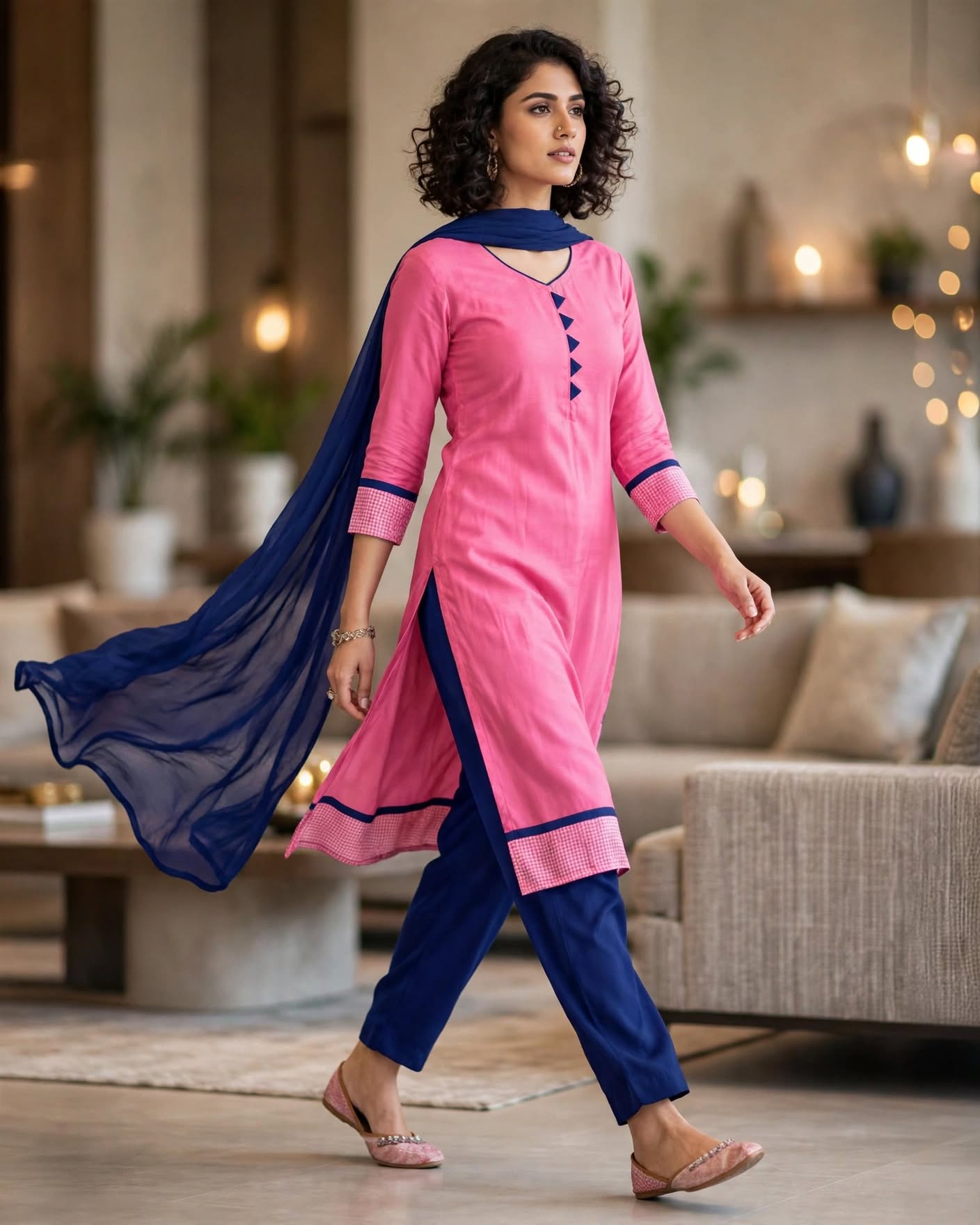 Pink & Navy Blue Linen Unstitched Salwar Kameez Suit with Checkered Cuffs & Net Dupatta-Dress Material