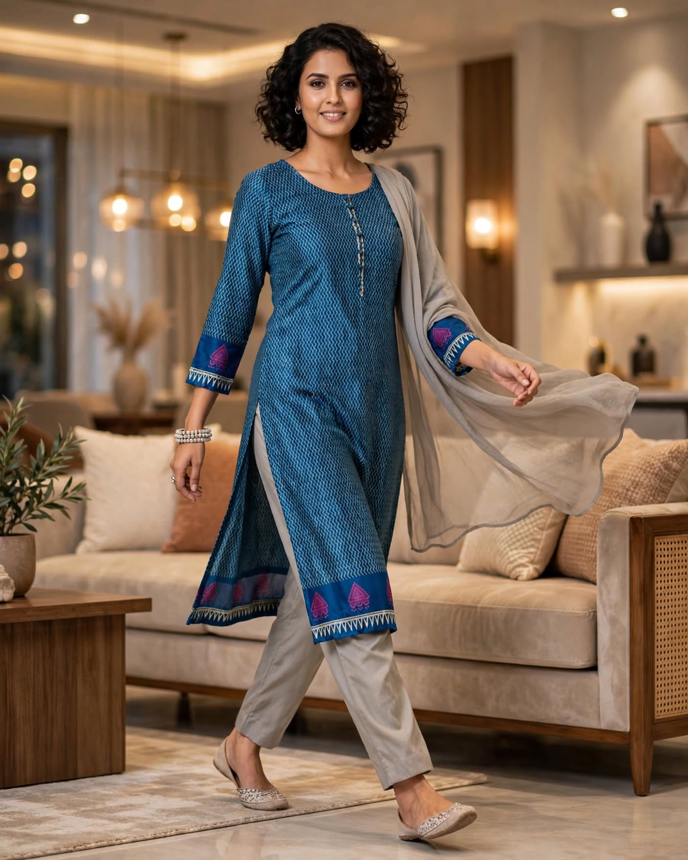 Blue Cotton Printed Unstitched Salwar Kameez Suit with Beige Dupatta