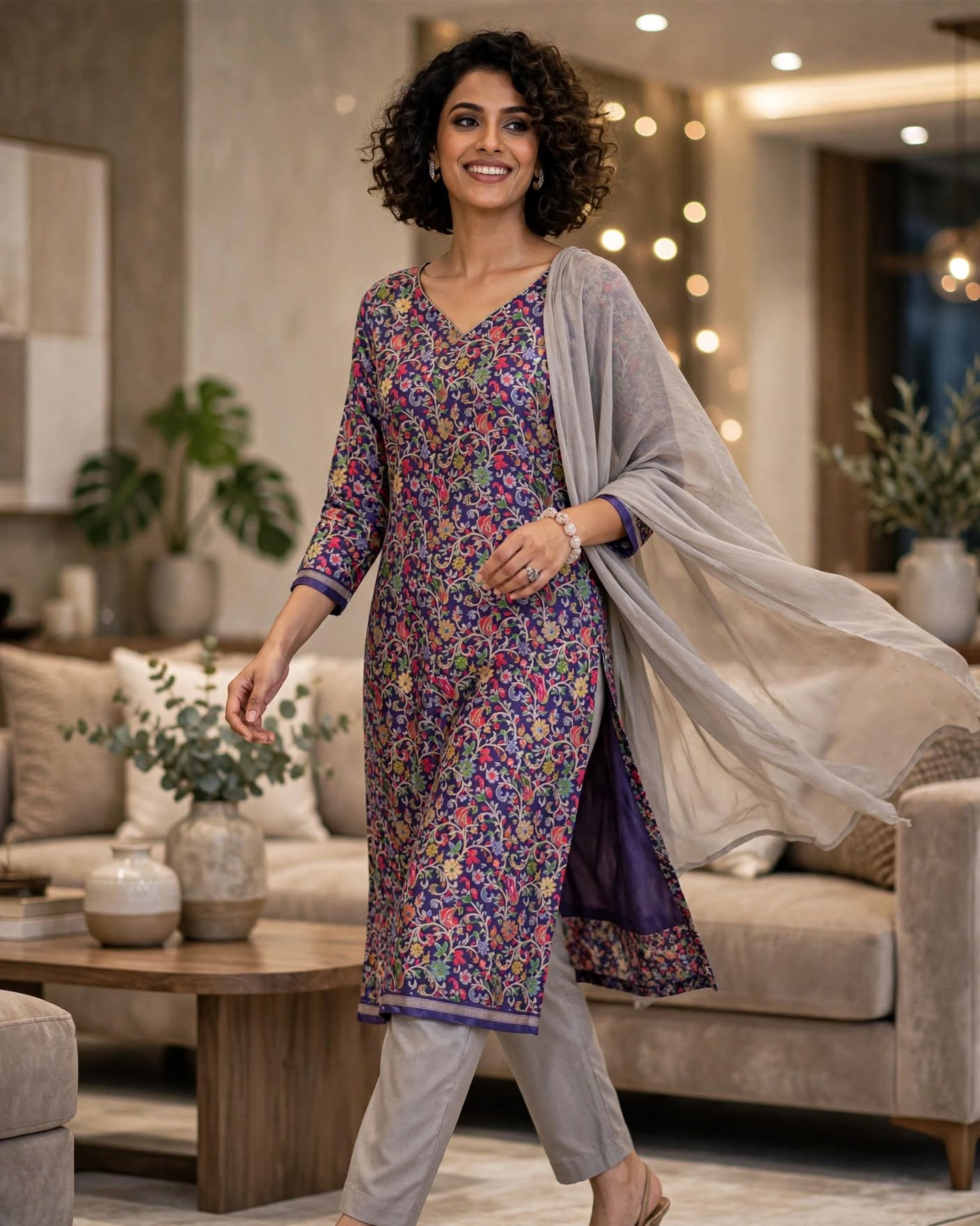 Elegant Purple Floral Printed Unstitched Salwar Kameez Suit with Grey Dupatta