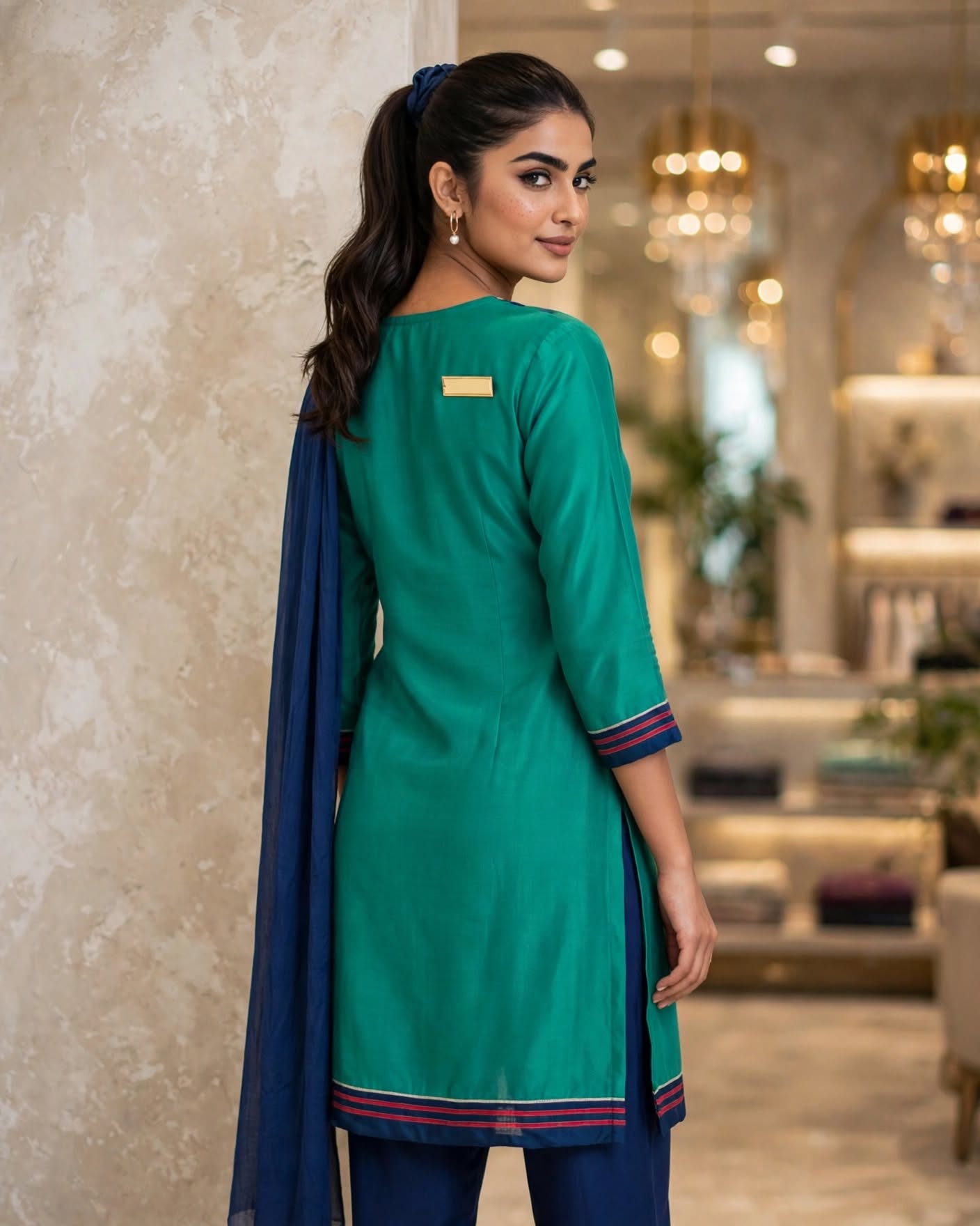 Emerald Green Unstitched Cotton Salwar Kameez with Navy Blue Dupatta & Tassels
