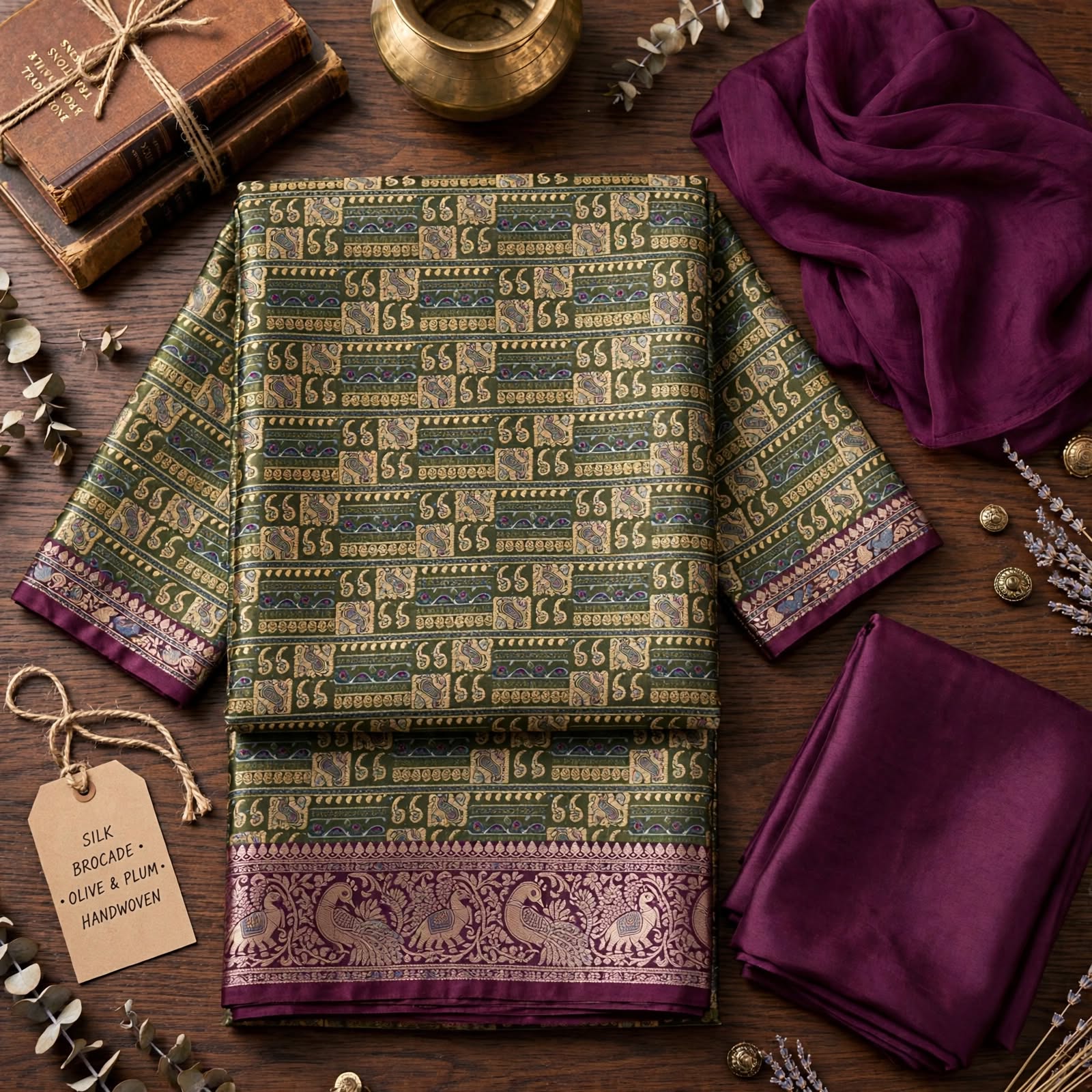 Unstitched Olive & Plum Silk Brocade Salwar Kameez with Handwoven Motifs-Dress Material