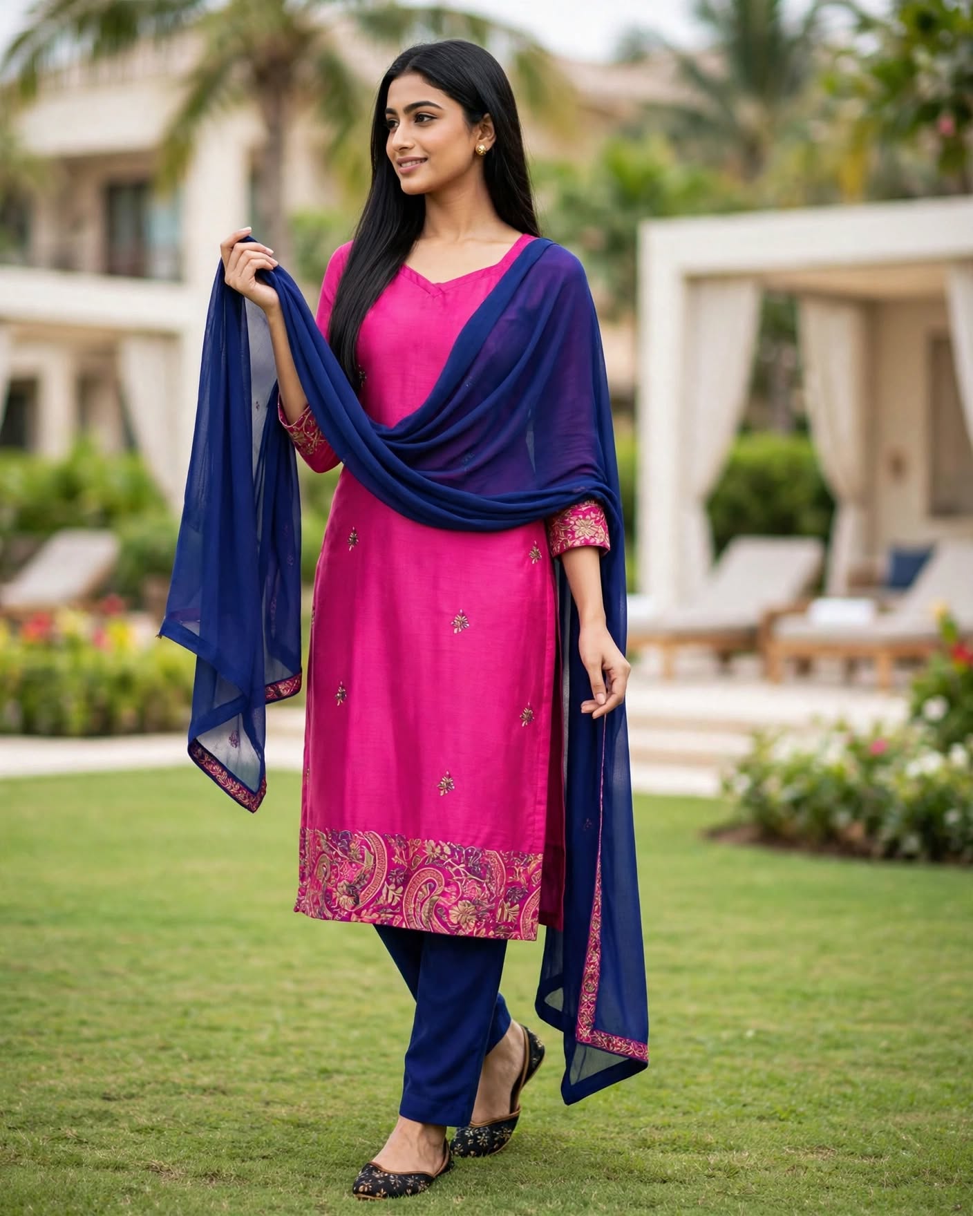Pink & Blue Cotton Unstitched Salwar Kameez Set with Embroidered Dupatta-Dress Material