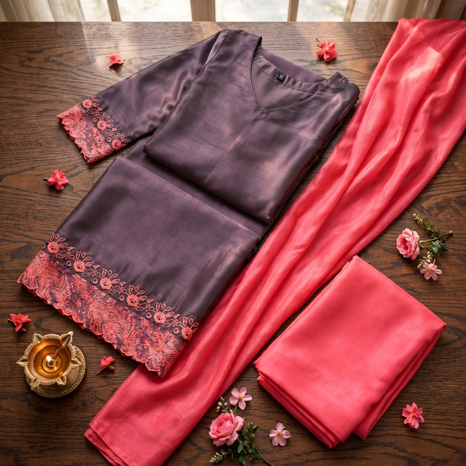 Elegant Unstitched Silk Salwar Kameez Set with Coral Pink Dupatta & Floral Embroidery-Dress Material