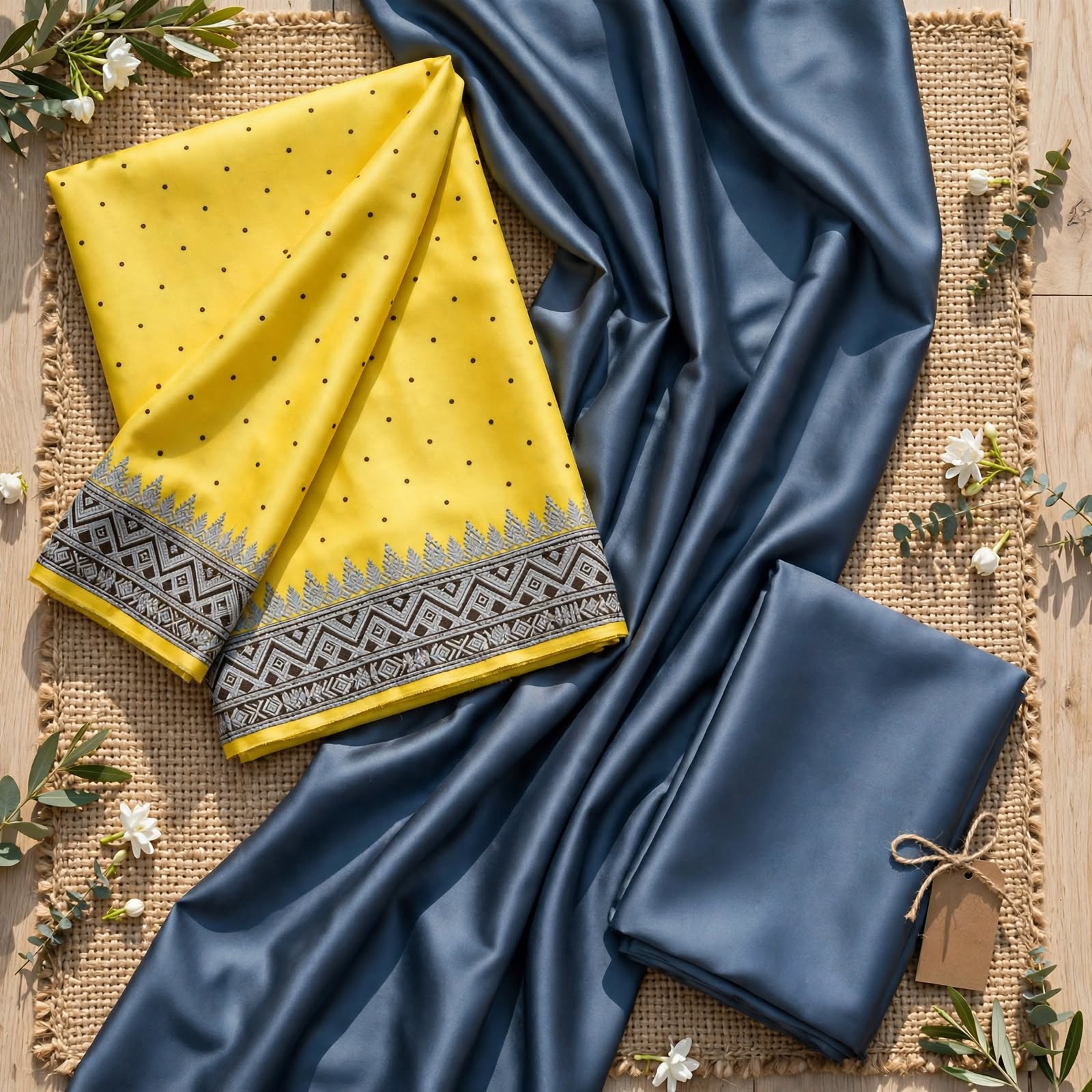 Mustard Yellow & Blue Printed Unstitched Salwar Kameez Suit with Embroidered Dupatta- Dress Material