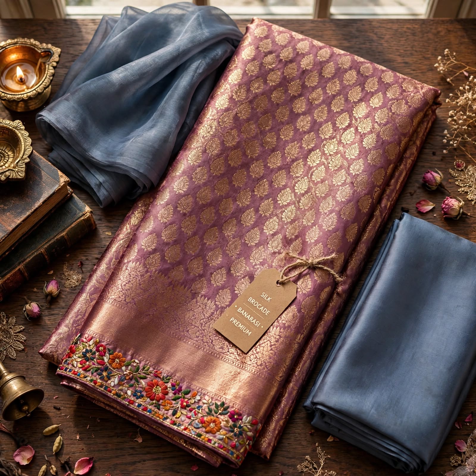 Premium Unstitched Chanderi Cotton Salwar Kameez Set with Floral Border Dupatta- Dress Material