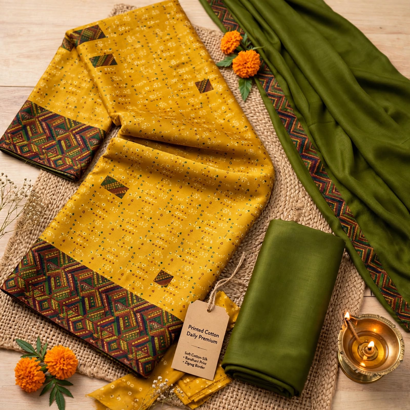 Mustard Yellow & Green Cotton Silk Unstitched Salwar Kameez with Geometric Print & Embroidered Dupatta- Dress Material