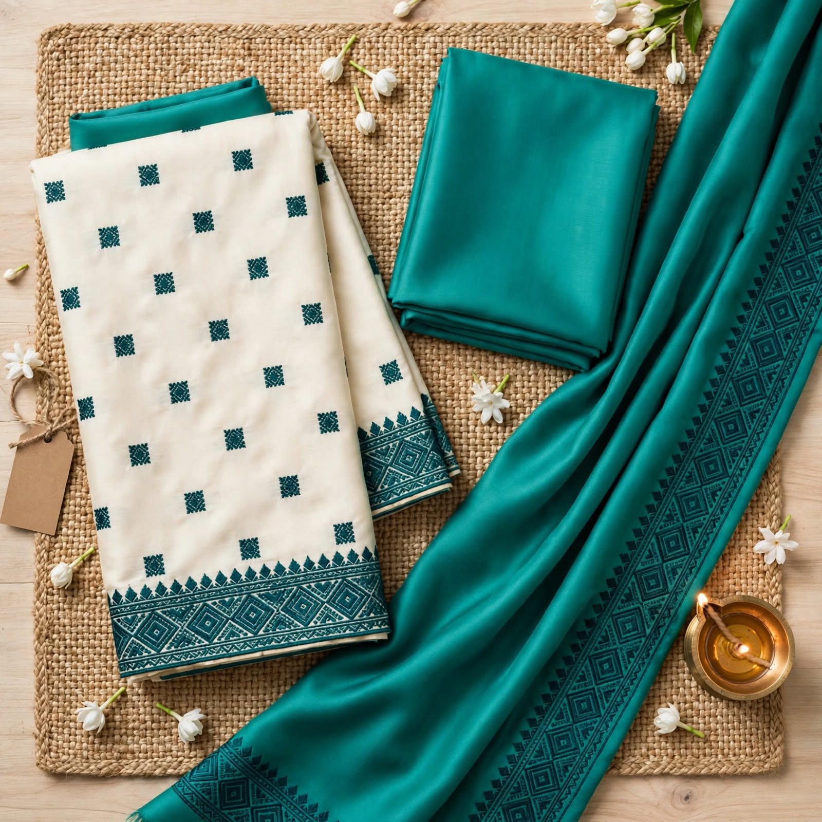 Unstitched Cream Linen Salwar Kameez with Green Printed Dupatta- Dress Material