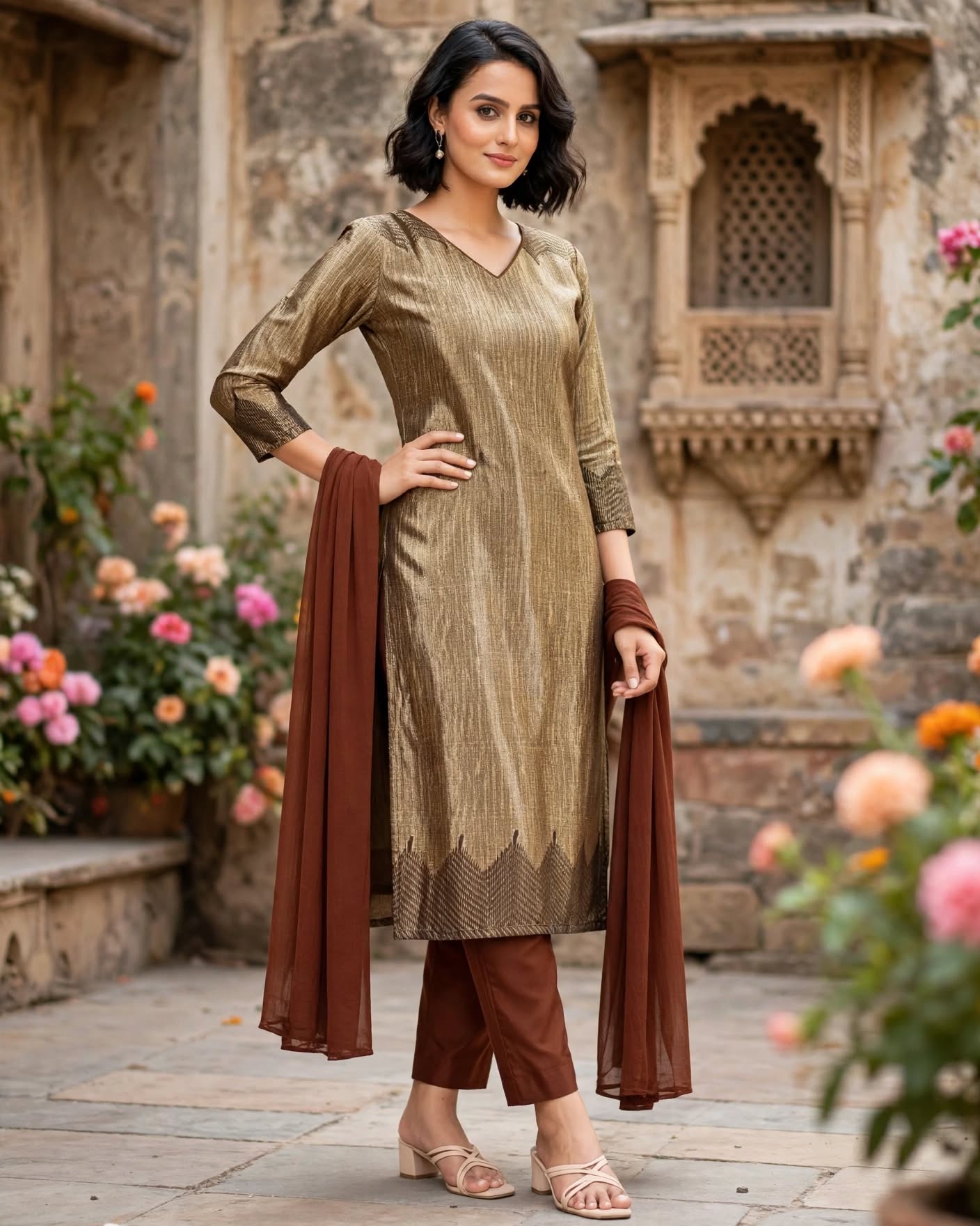 Unstitched Gold Zari Jacquard Salwar Kameez Suit with Brown Dupatta- Dress Material