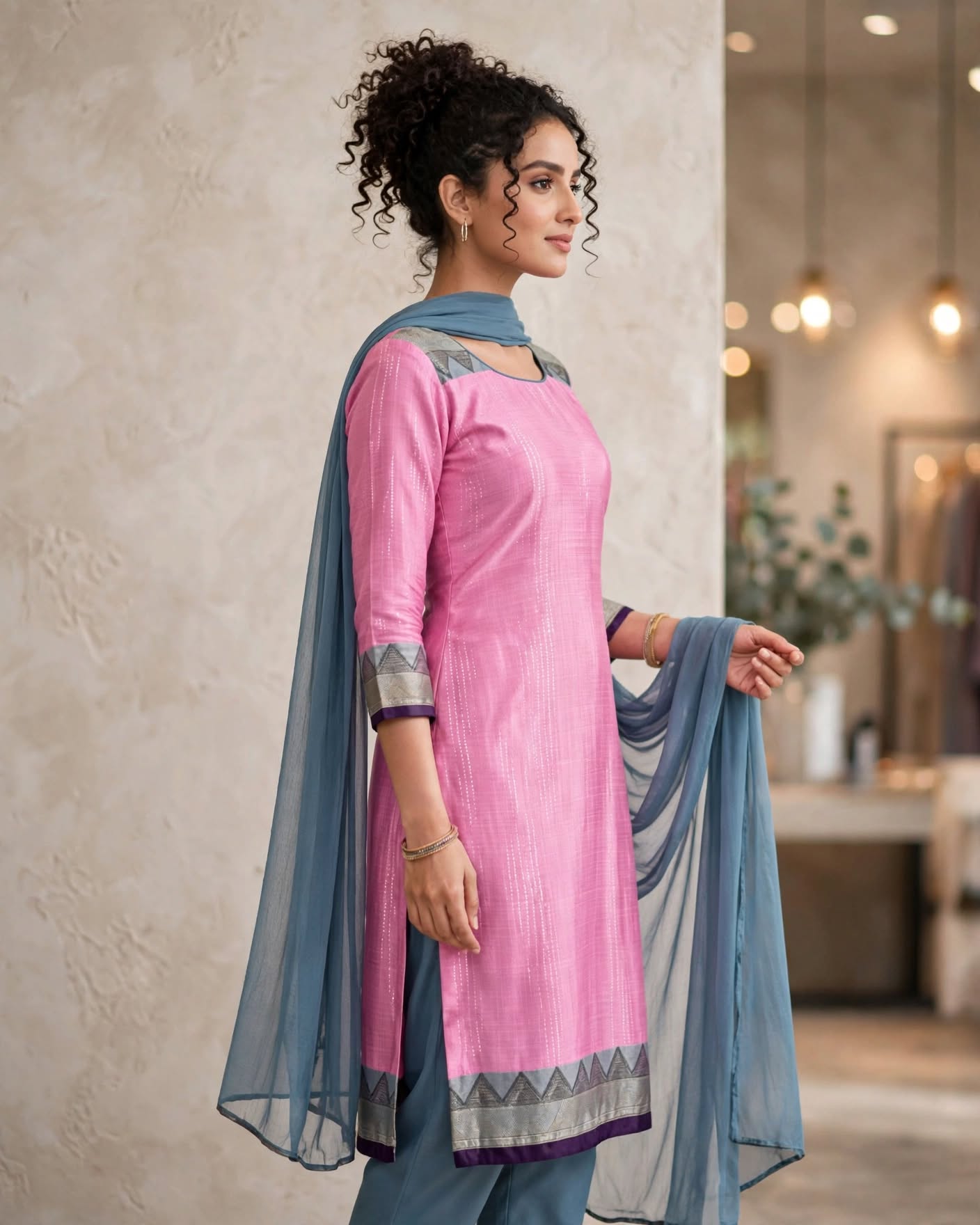 Pink Linen Printed Unstitched Salwar Kameez with Blue Georgette Dupatta-- Dress Material