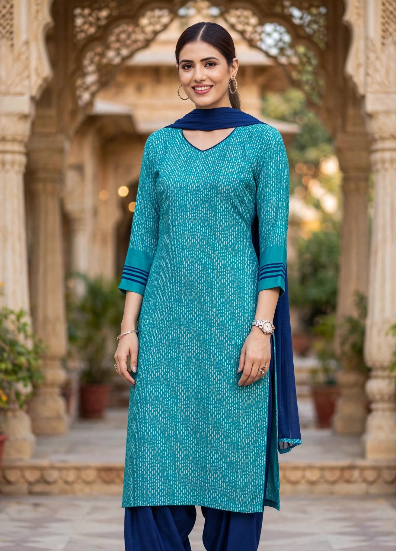 Unstitched Blue Cotton Printed Salwar Kameez Suit with Solid Dupatta