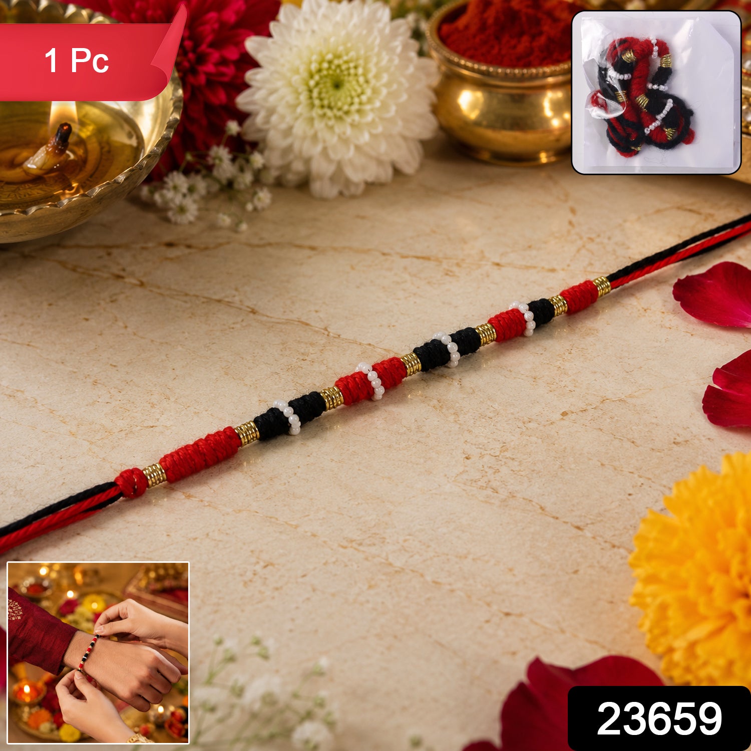 Traditional Handmade Red Black Thread Rakhi for Brother (1 Pc)