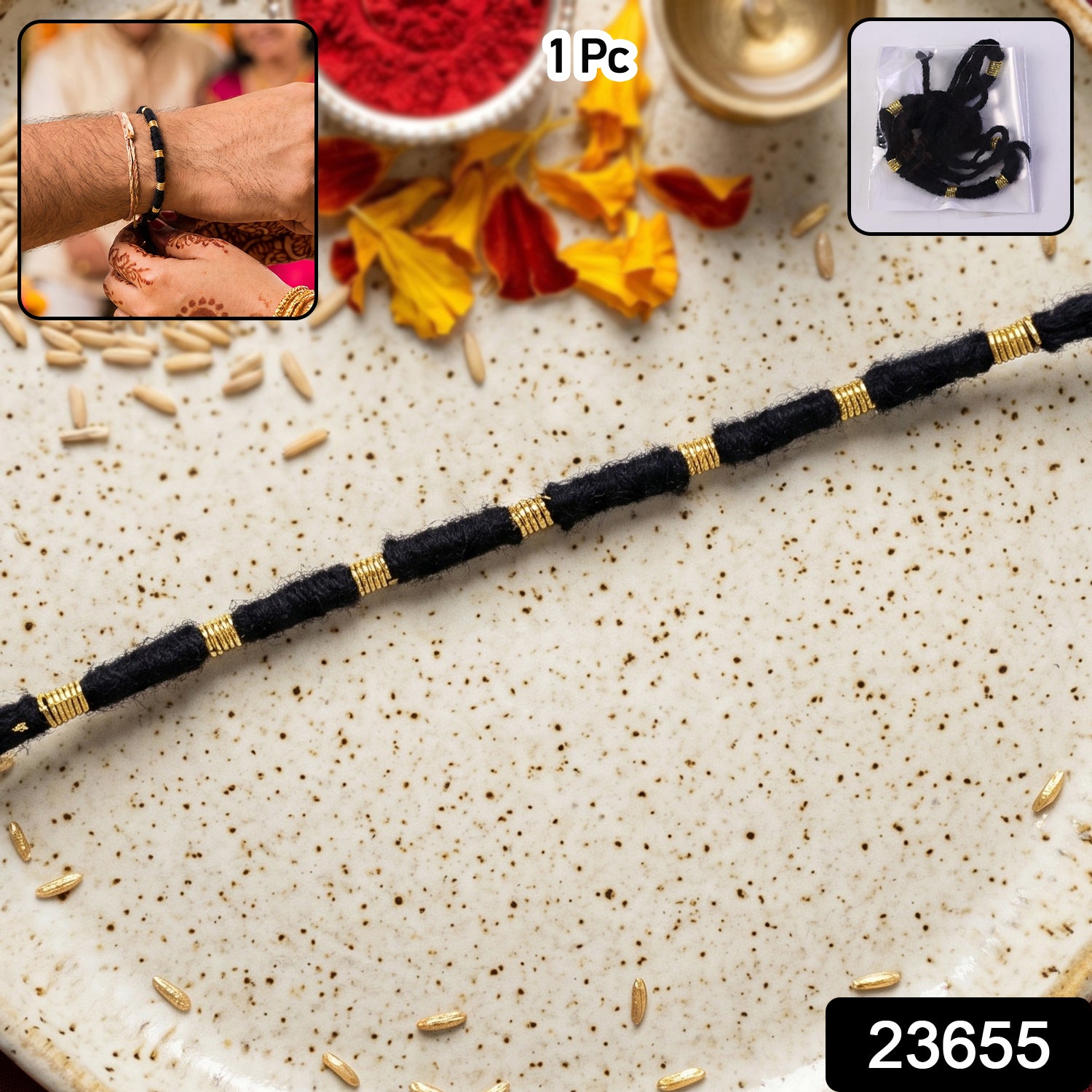 Handmade Black Thread Bracelet Rakhi with Gold Beads (1 Pc)