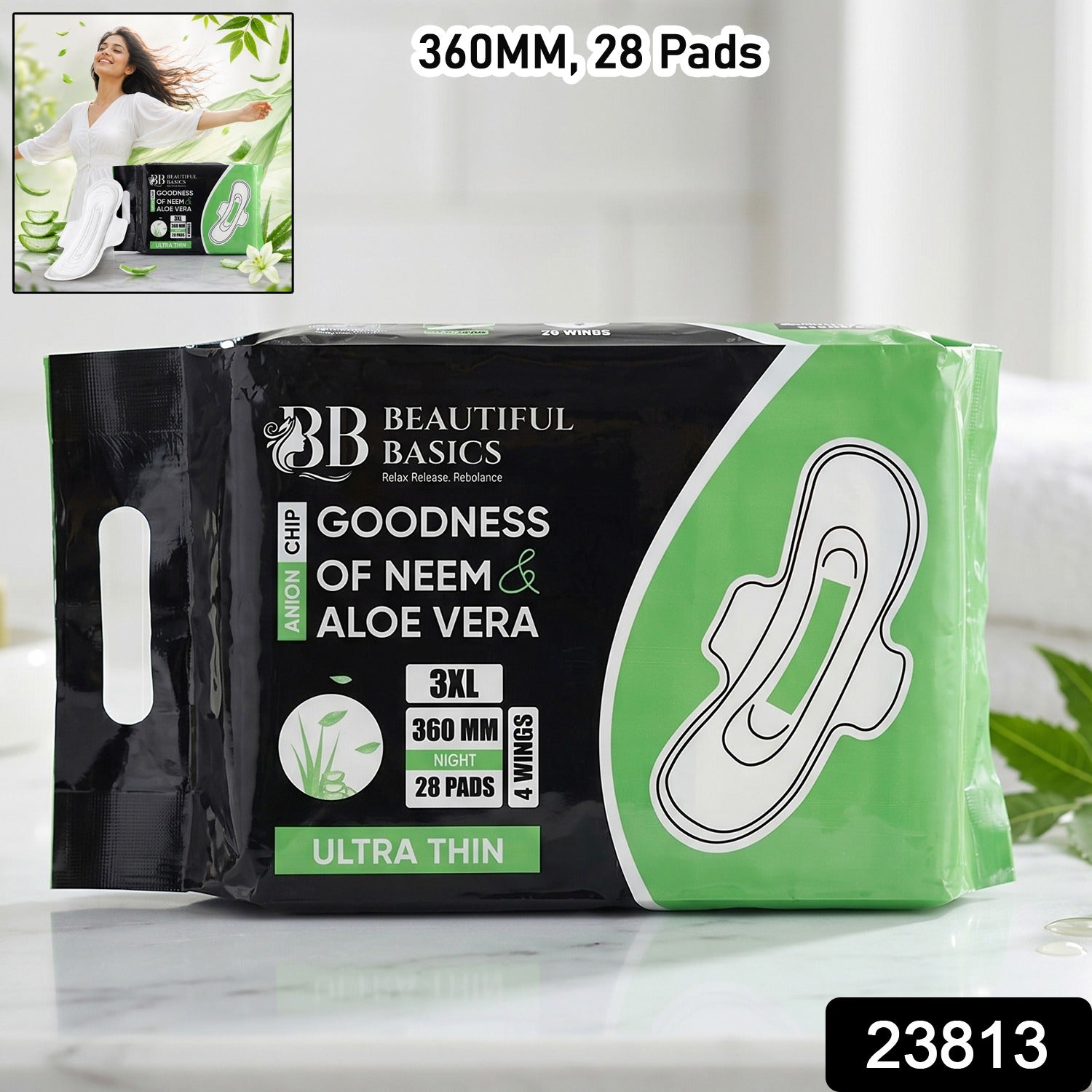Beautiful Basics Neem & Aloe Vera Sanitary Pads 3XL 360mm Night (28 Pads)