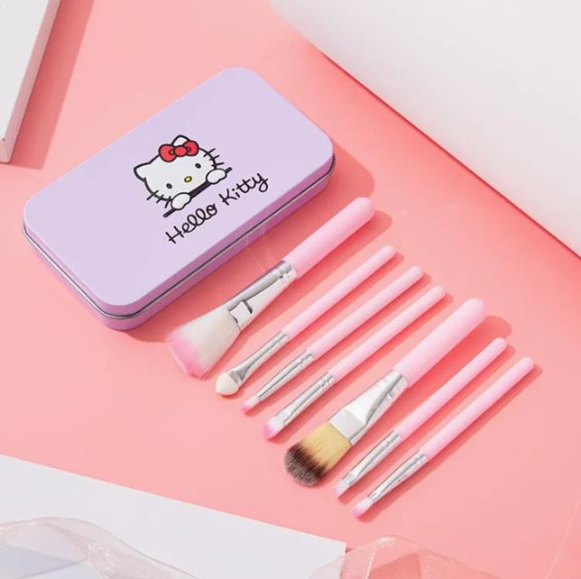 Hello Kitty 7-Piece Professional Makeup Brush Set with Portable Travel Tin Case - Pink/Black
